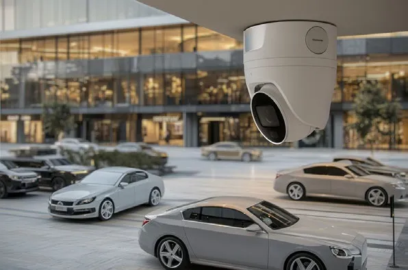 Ajax-Überwachungskamera an einem Gebäude mit Blick auf den Parkplatz