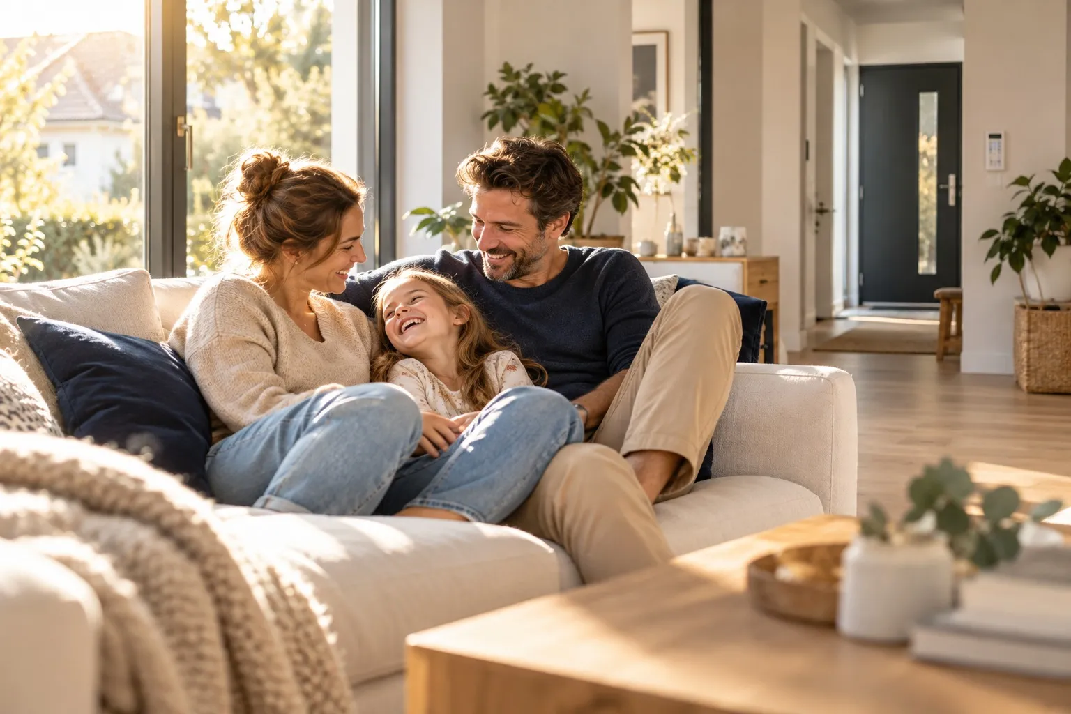 Familie entspannt im Wohnzimmer eines Einfamilienhauses mit Alarmanlage in Düsseldorf